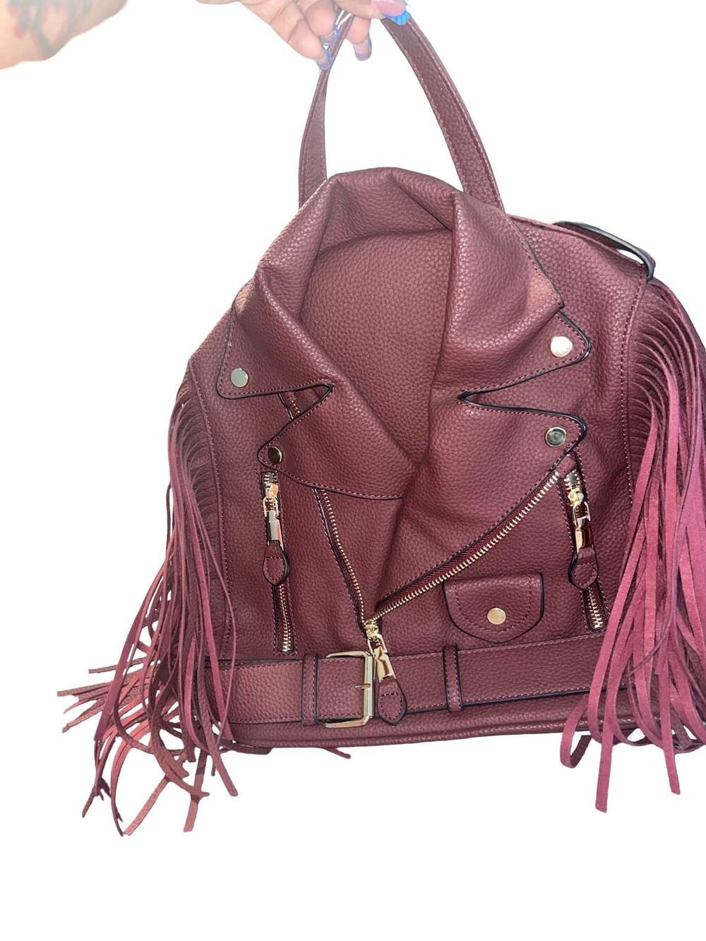 Burgundy Faux Leather Motorcycle Jacket Fringe Backpack